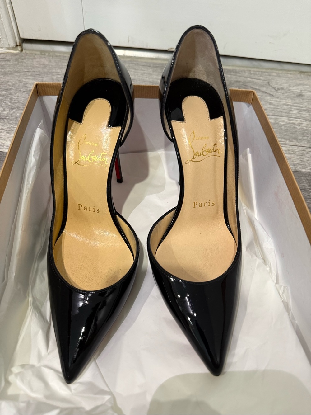Christian Louboutin Black Patent Pointed-Toe Iriza Pumps with Red Sole